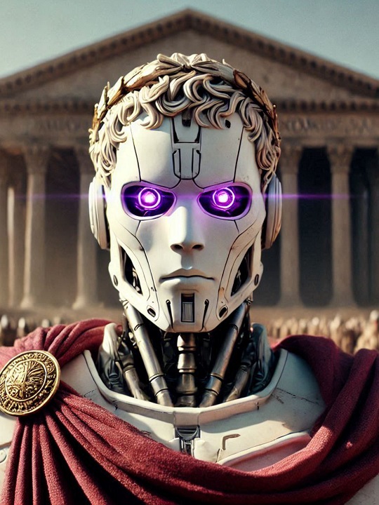 A menacing robot dressed as Julius Ceasar stares boldly into the future.